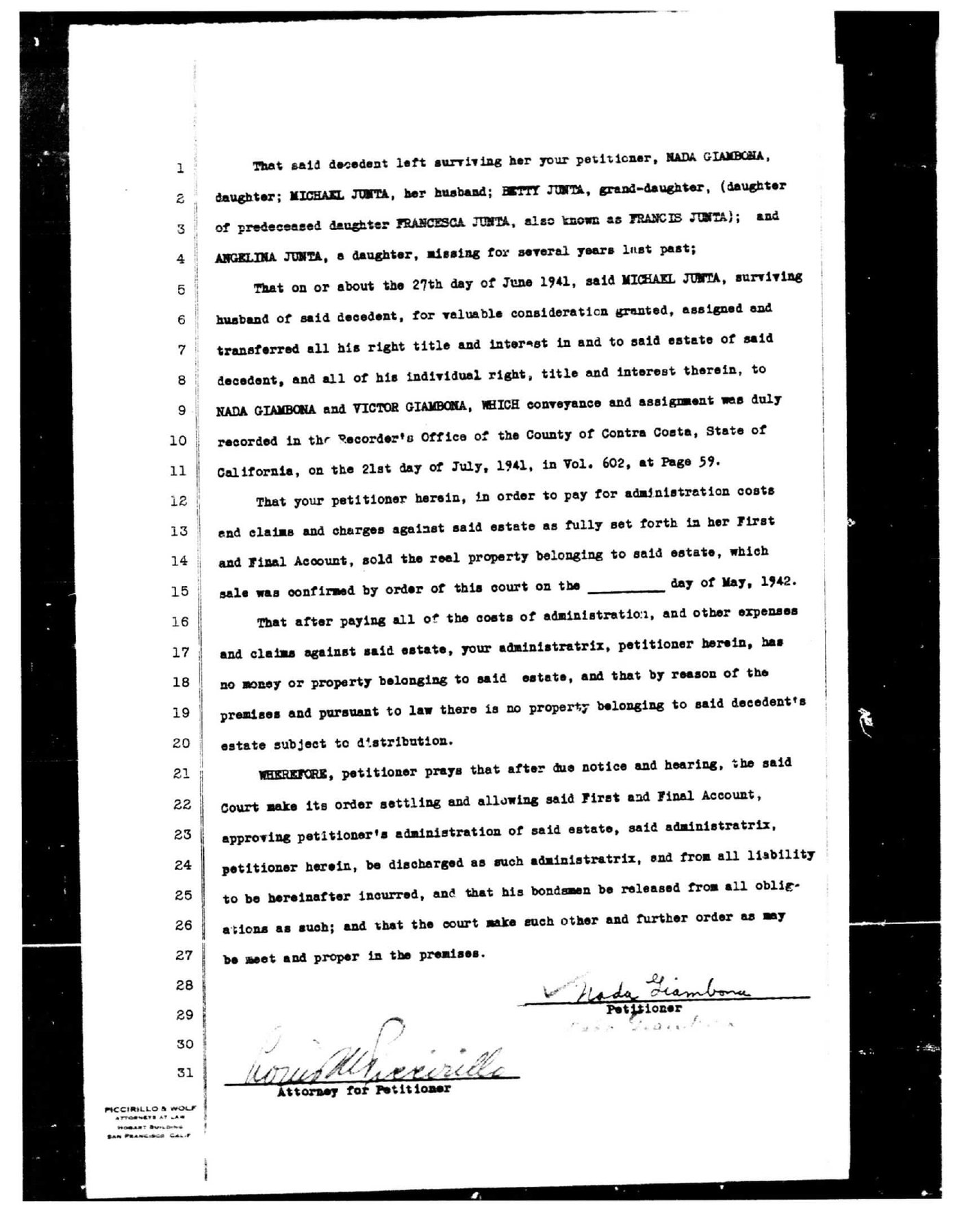 Typed court petition listing the surviving family of the decedent