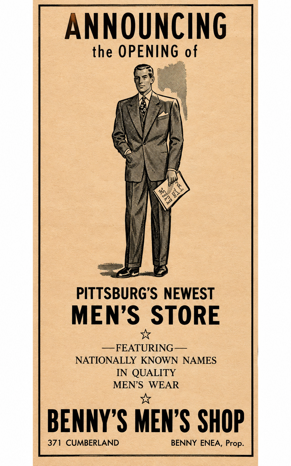 Benny’s Men’s Shop opening advertisement, 1947