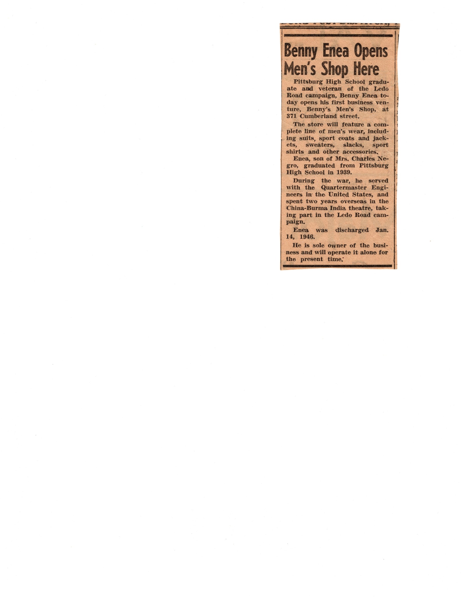 Newspaper clipping announcing Benny Enea's men's shop, March 1947