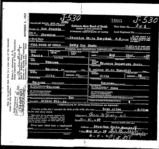 California Standard Certificate of Birth for Bette May Junta, born 22 May 1927 at Stockton State Hospital