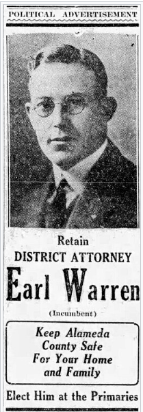 Political advertisement reading Retain District Attorney Earl Warren, Keep Alameda County Safe for Your Home and Family