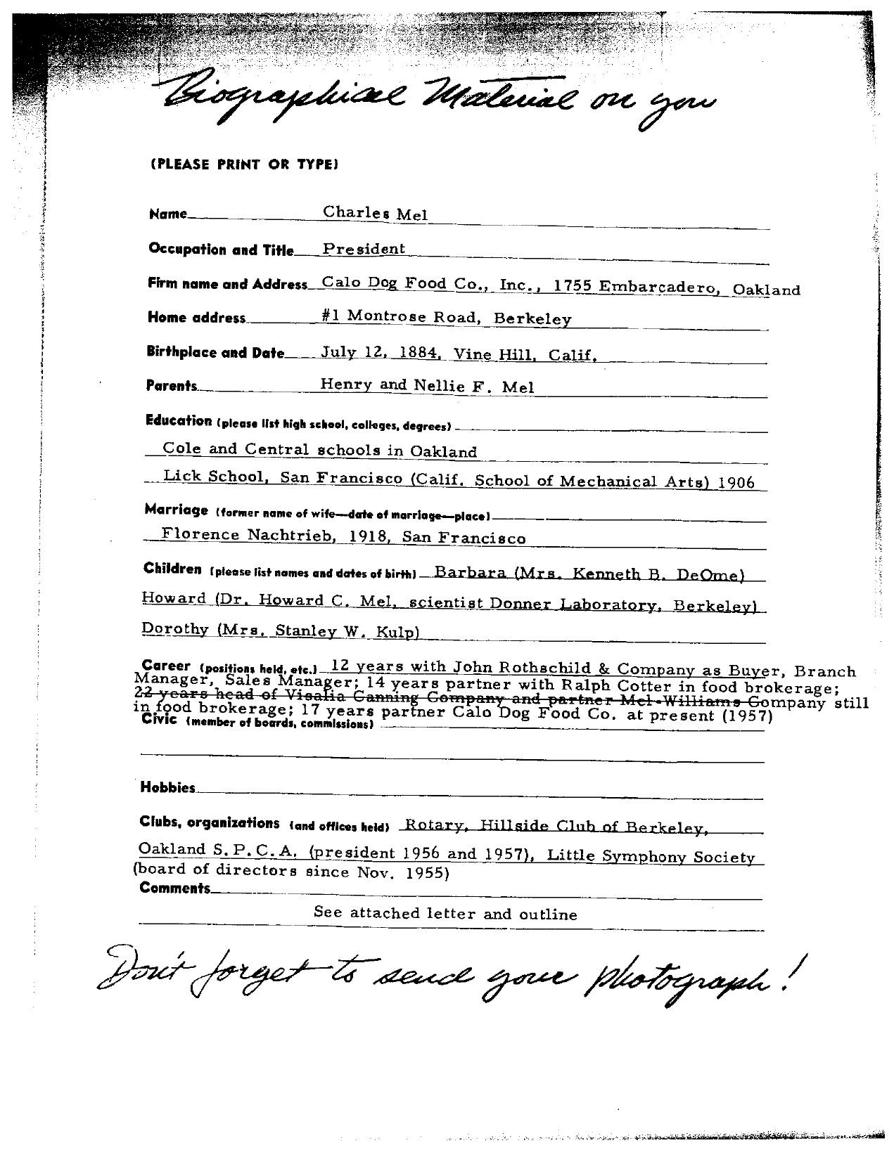 Biographical Material form completed by Charles Mel in 1957