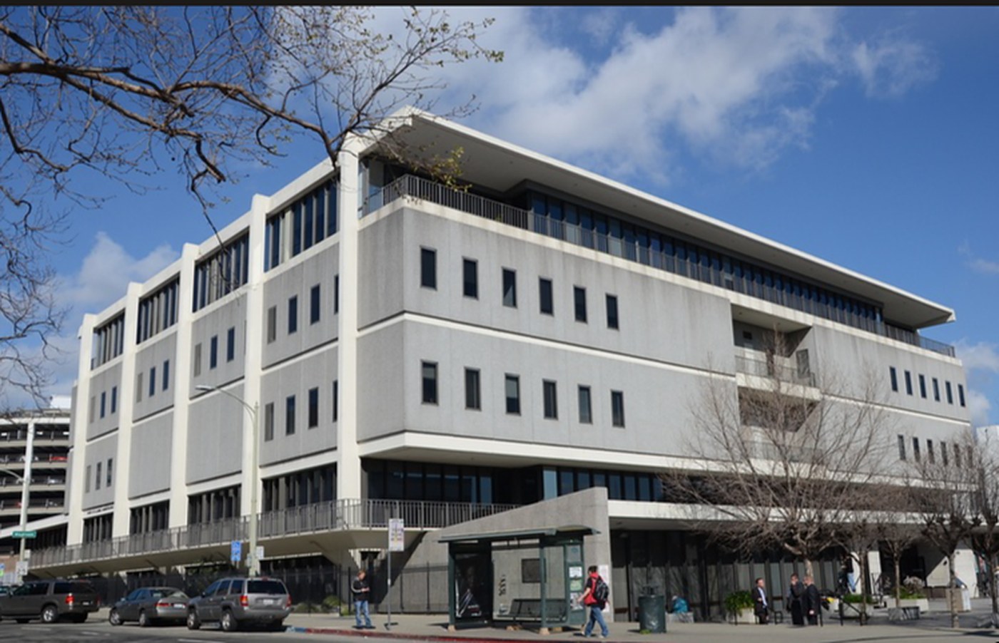 The Alameda County administration building in Oakland, a mid-century civic block seen from the street