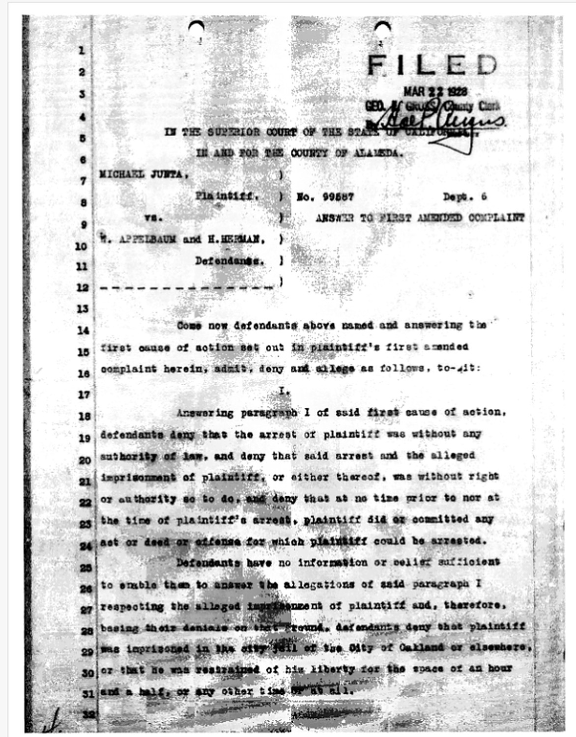A typed court pleading headed Michael Junta, Plaintiff, against M. Appelbaum and H. Herman, stamped FILED March 22 1928