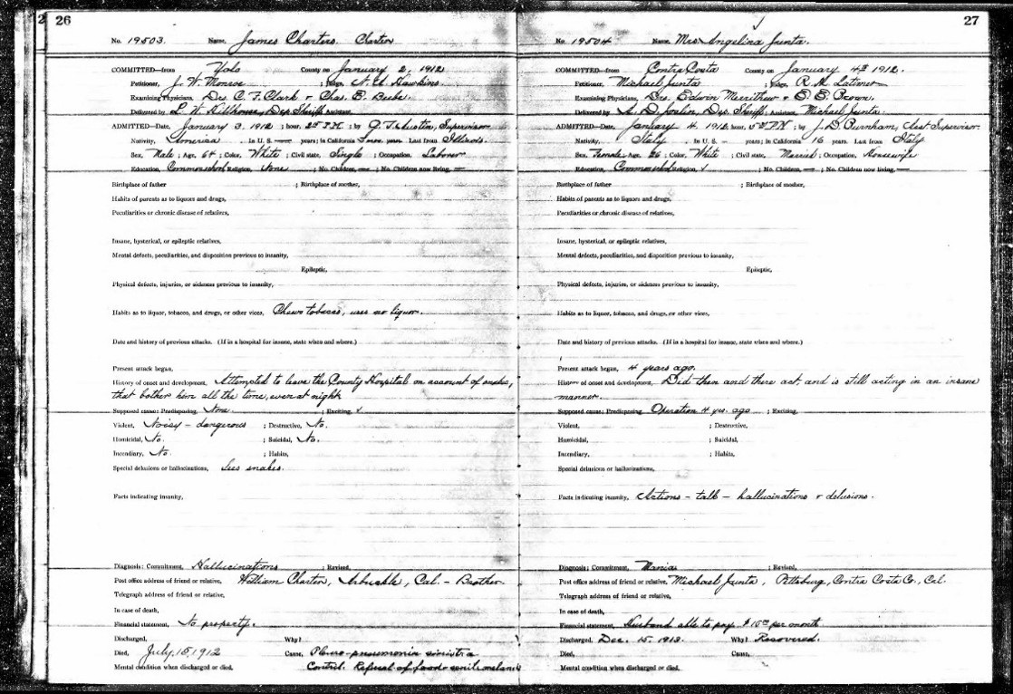 Two-page handwritten commitment register; the right-hand page is entry 19504 for Mrs. Angelina Junta