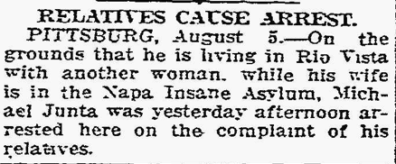 Newspaper clipping headlined Relatives Cause Arrest, Pittsburg, August 5, 1915