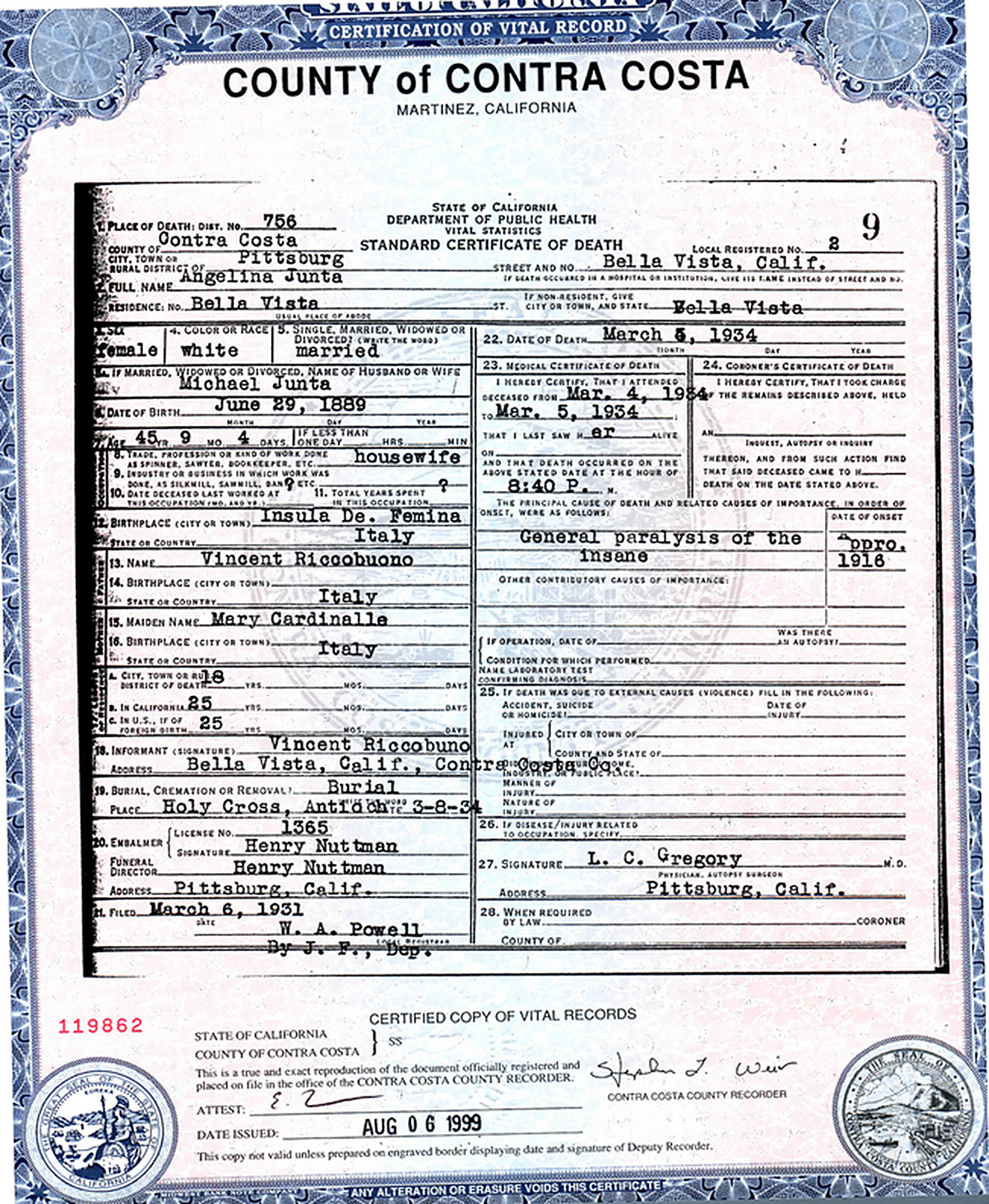 A certified Contra Costa County standard certificate of death
