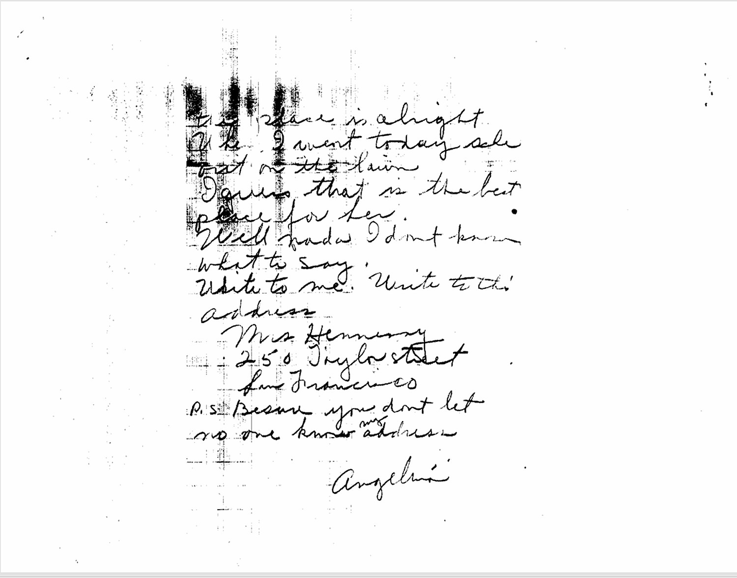 Second page of handwritten letter showing Mrs. Hennessey and Angelina signatures