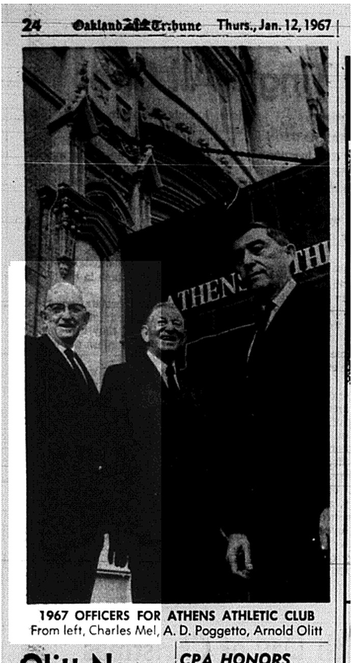 Newspaper photograph captioned 1967 Officers for Athens Athletic Club, showing three men outside the club entrance