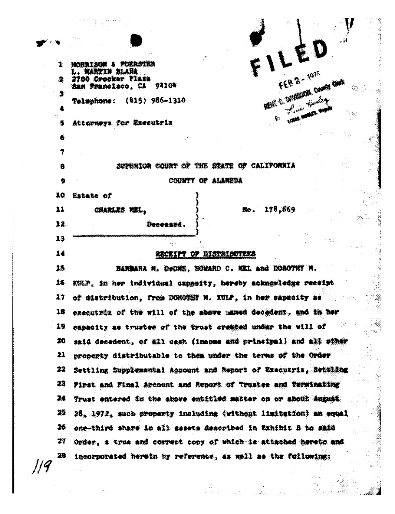 A court-filed Receipt of Distributees naming Barbara M. DeOme, Howard C. Mel and Dorothy M. Kulp