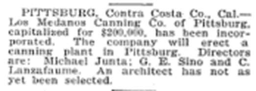Building and Engineering News, February 25, 1928, page 11, Pittsburg notice of the Los Medanos Canning Co.