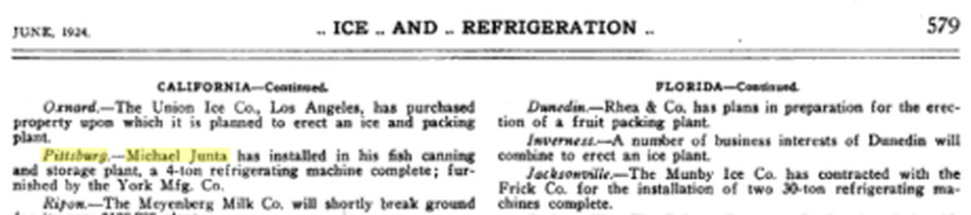 Ice and Refrigeration, June 1924, page 579, Pittsburg entry for Michael Junta