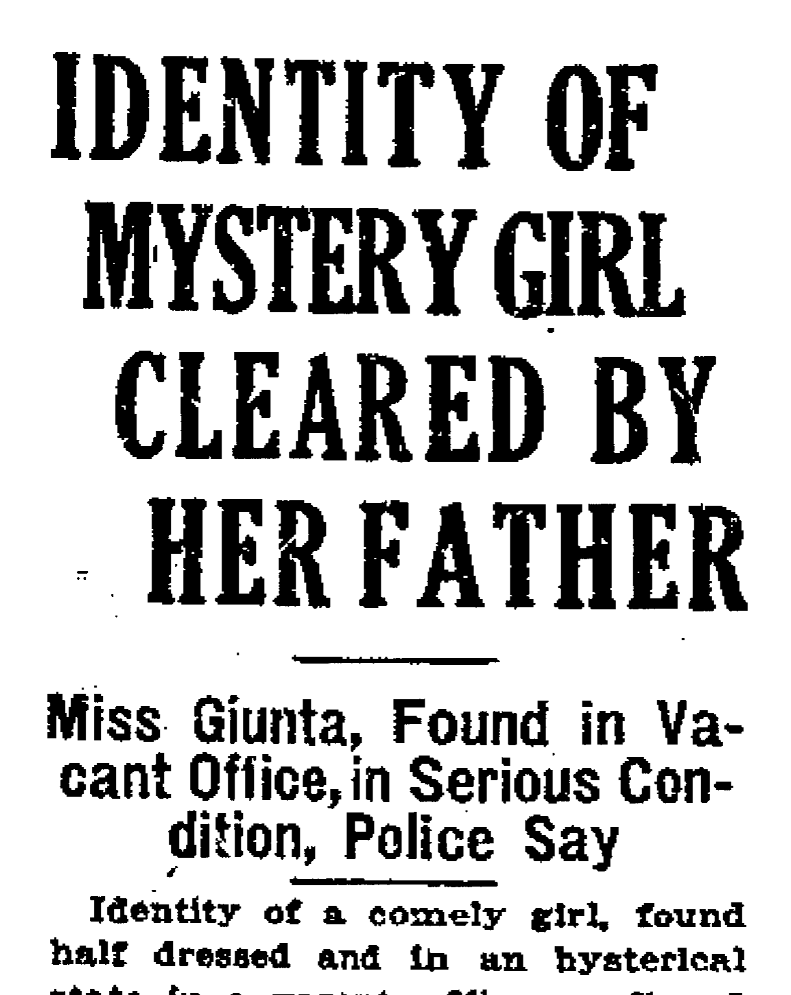Newspaper column headlined Identity of Mystery Girl Cleared by Her Father