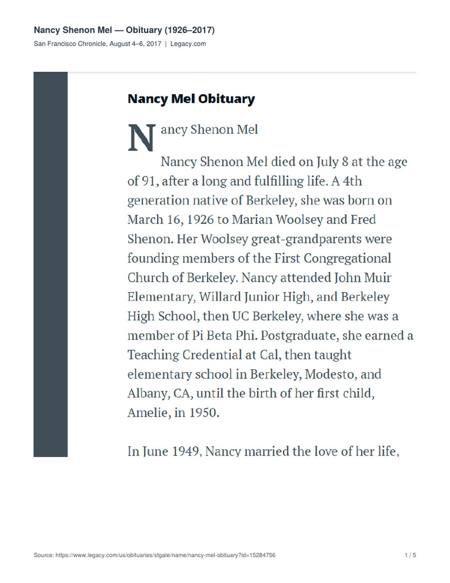 First page of the printed obituary of Nancy Shenon Mel, 1926 to 2017