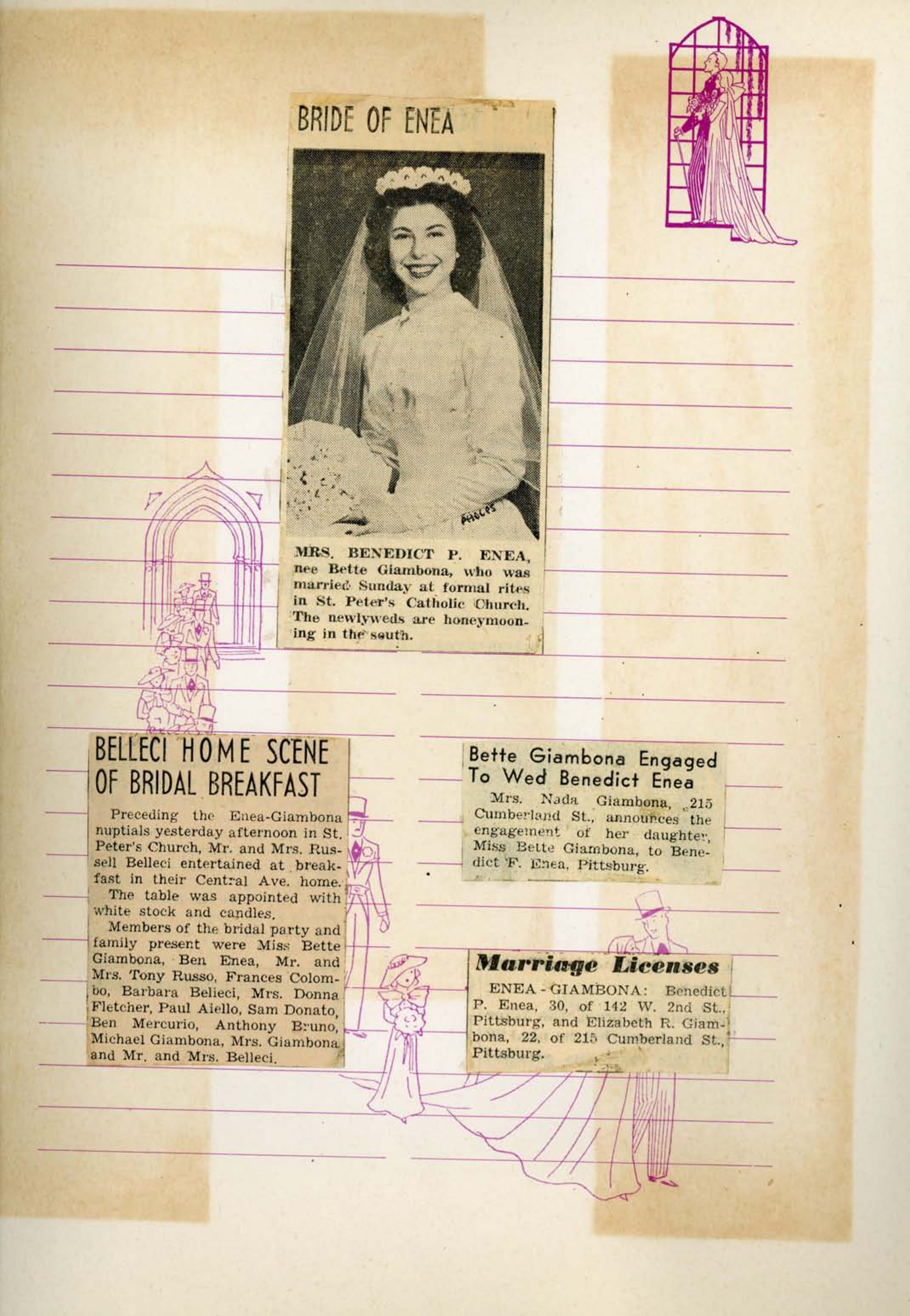 An album page holding a bridal newspaper photograph captioned Bride of Enea together with engagement, bridal breakfast and marriage licence notices