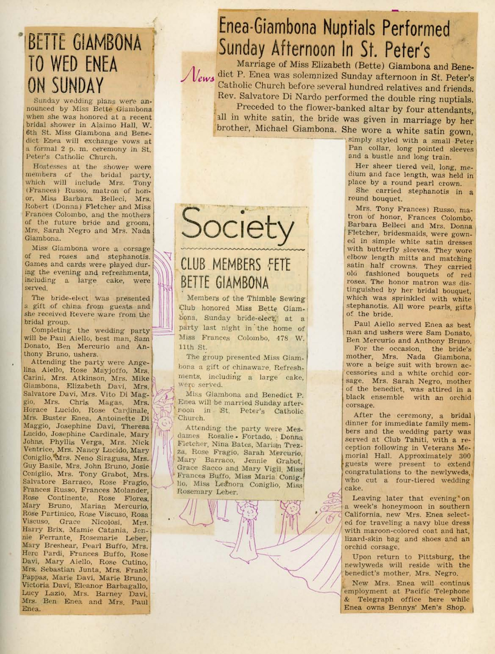 An album page holding three newspaper articles reporting the Enea-Giambona wedding and the parties preceding it