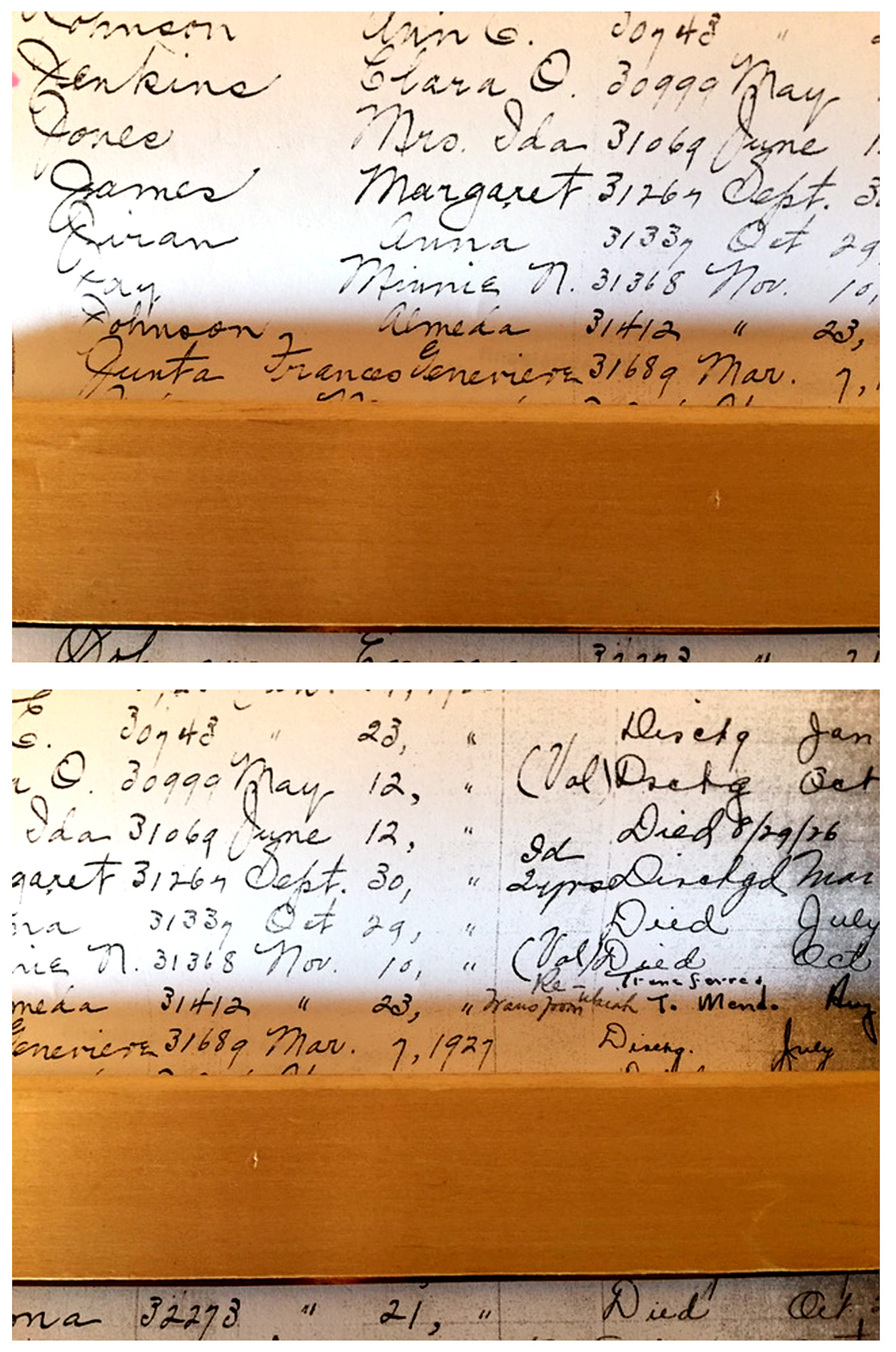 Two photographs of an open handwritten hospital admission ledger, each held flat by a wooden ruler, showing the entry for Frances Genevieve Junta dated March 7, 1927