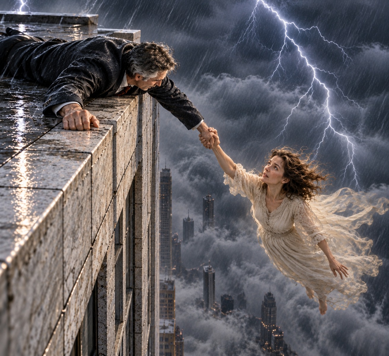 An illustration of a man lying on a rain-swept rooftop gripping the parapet with one hand while holding a woman suspended in the storm with the other