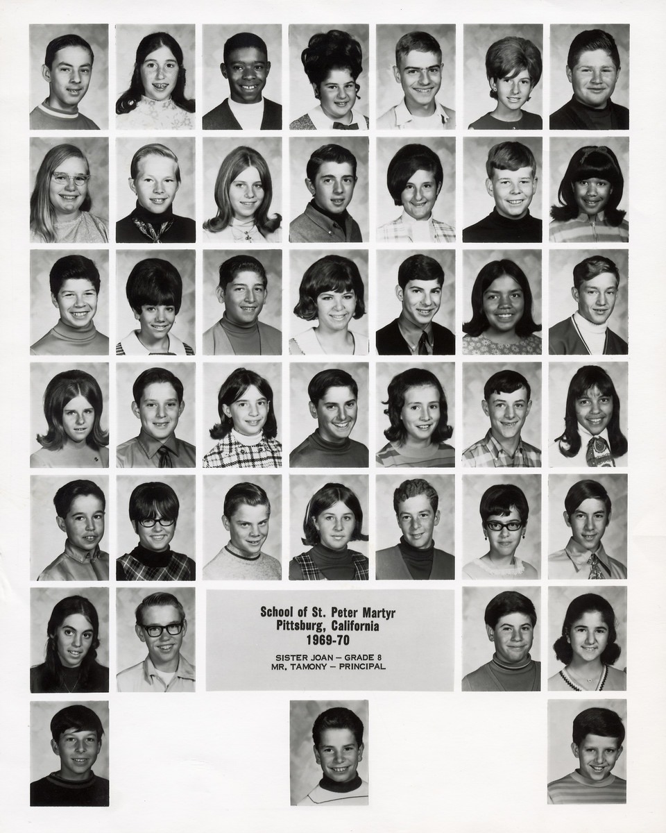 A school class composite of individual student portraits arranged in rows around a printed panel reading School of St. Peter Martyr, Pittsburg, California, 1969-70