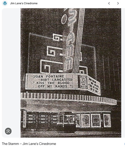 The illuminated marquee and vertical sign of the Stamm Theatre at night