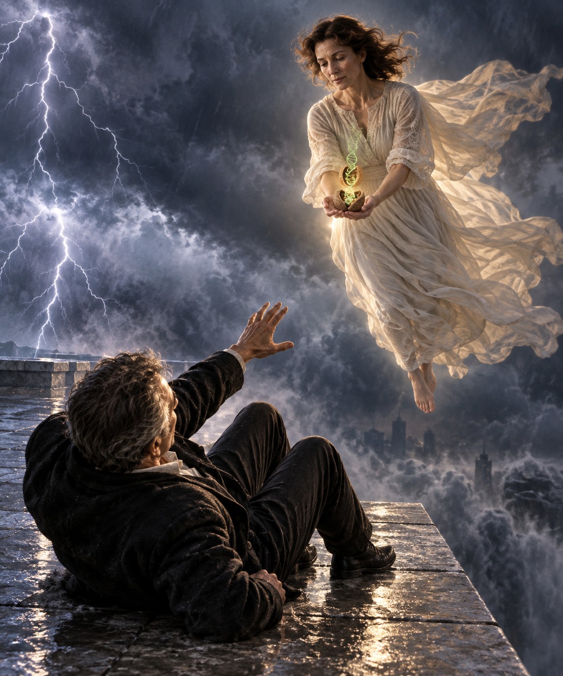 An illustration of a woman rising above a rooftop holding a glowing walnut from which a golden DNA helix spirals, a man reaching toward her from below