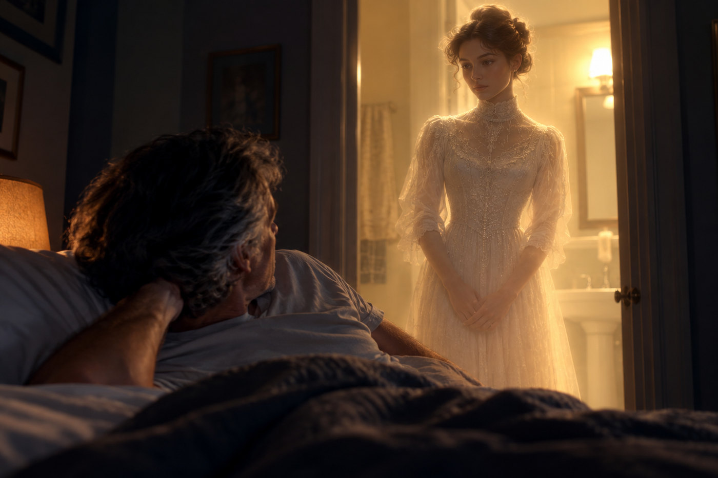 A rendering of a woman in a white Edwardian dress standing in a lit doorway, seen from a darkened bedroom