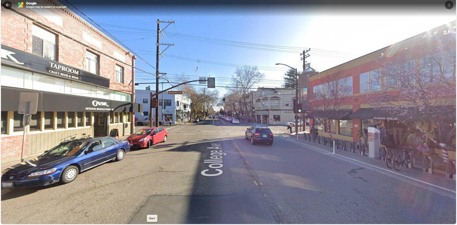 The intersection of College Avenue and Alcatraz Avenue, shopfronts on both corners