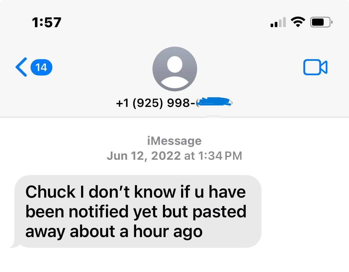 Text message received June 12, 2022, notifying Charles Enea of Fred Giambona's death