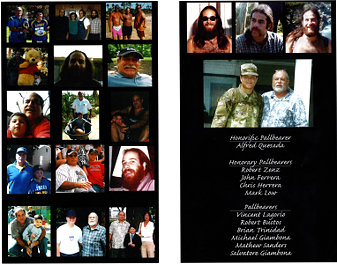 Memorial program spread with photographs of Fred Giambona and pallbearer names