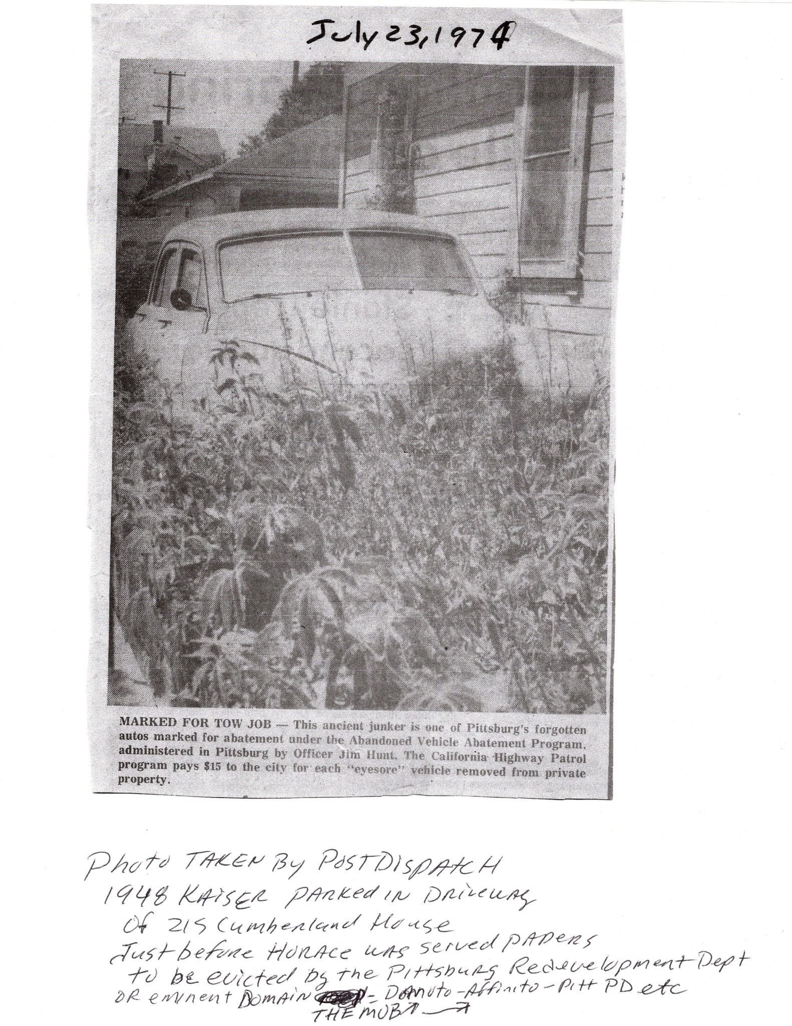 Newspaper clipping showing Horace Giambona's abandoned 1948 Kaiser, July 23, 1974