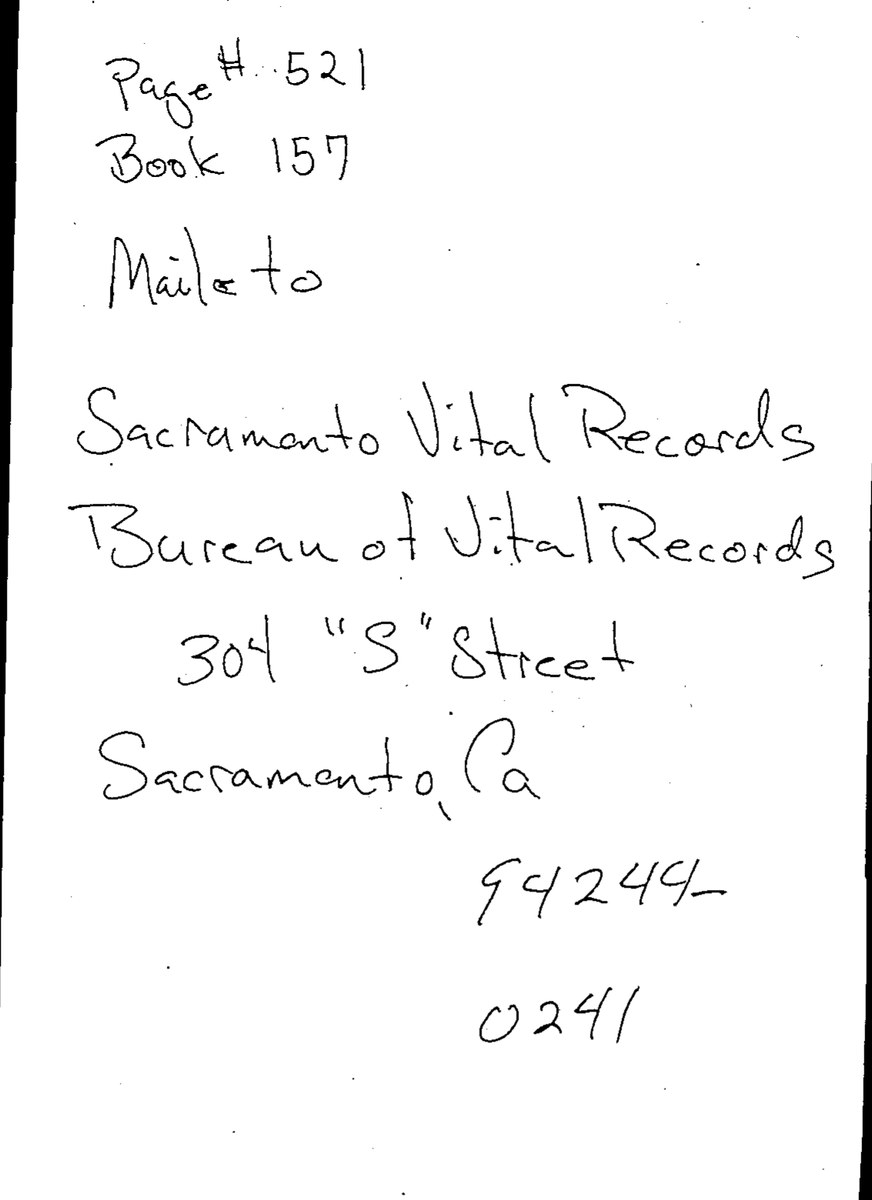 The reverse of the work order slip, with Page 521, Book 157 and a Sacramento mailing address written by hand