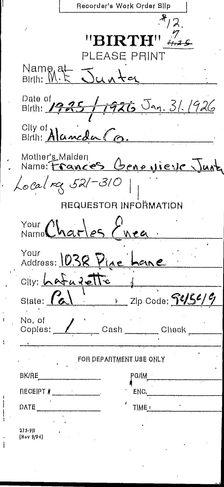 Alameda County Recorder’s work order slip for a birth certificate, completed in handwriting, 3 September 1999