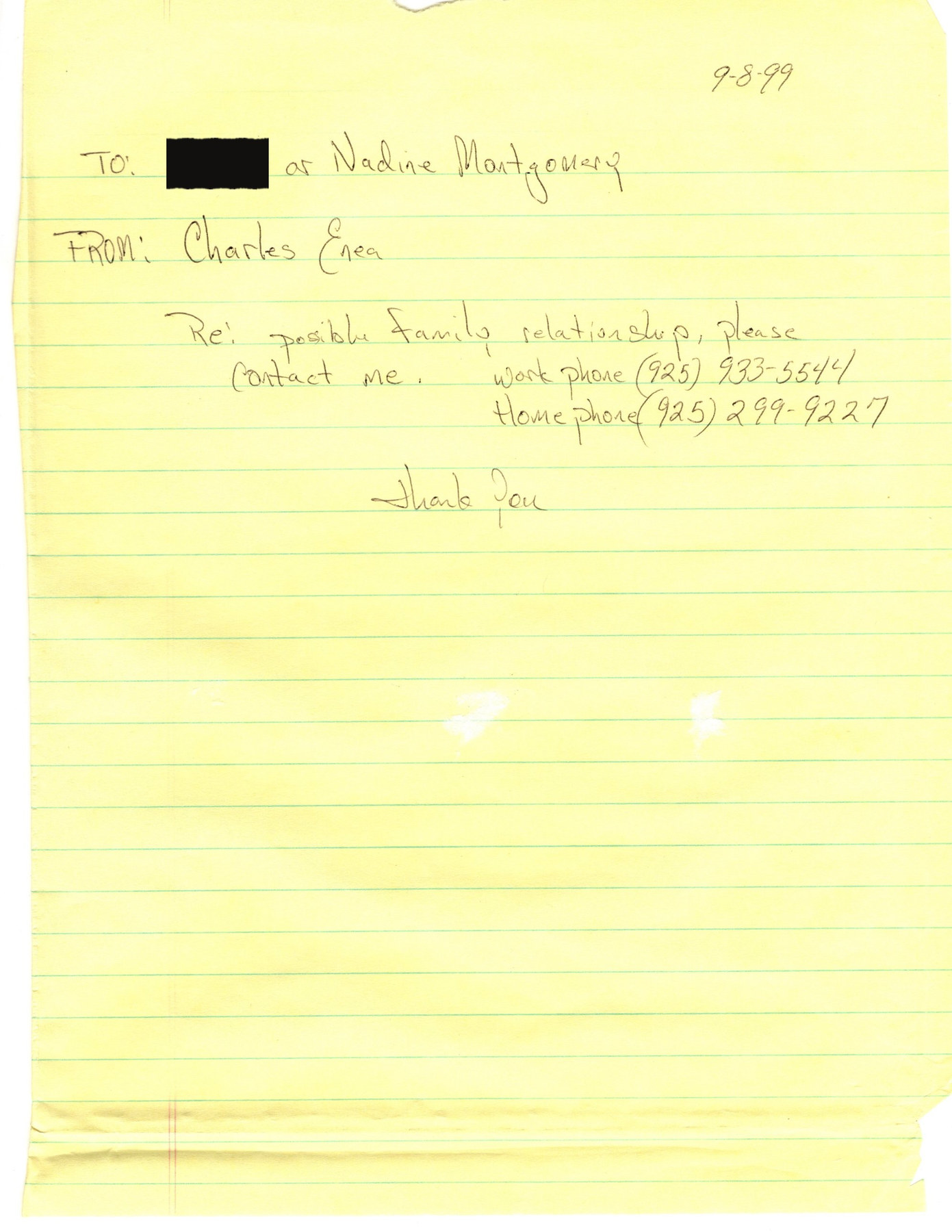 Handwritten fax cover sheet on yellow legal paper, dated 9-8-99, with one name blacked out