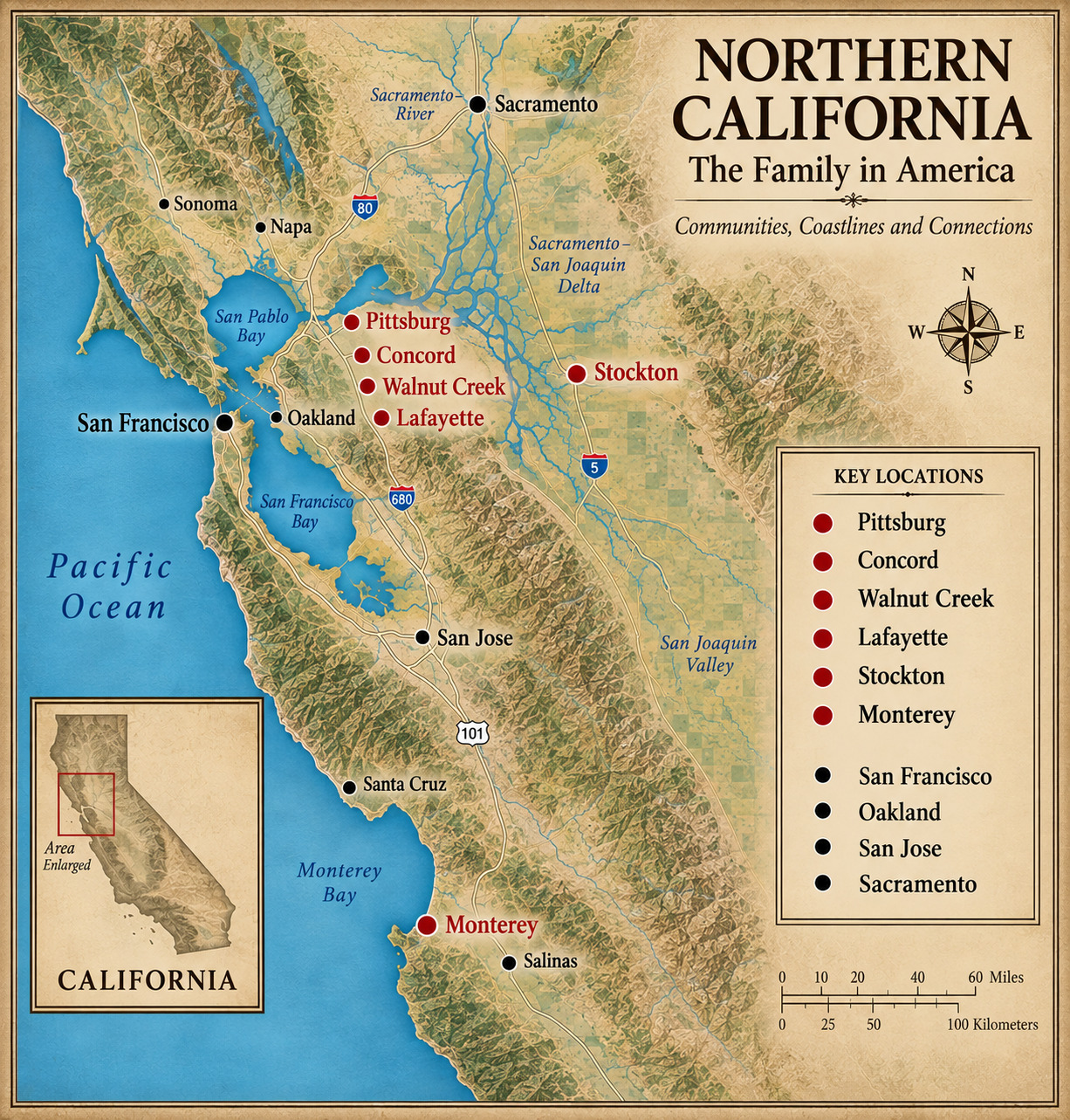 Illustrated map of Northern California showing key family locations