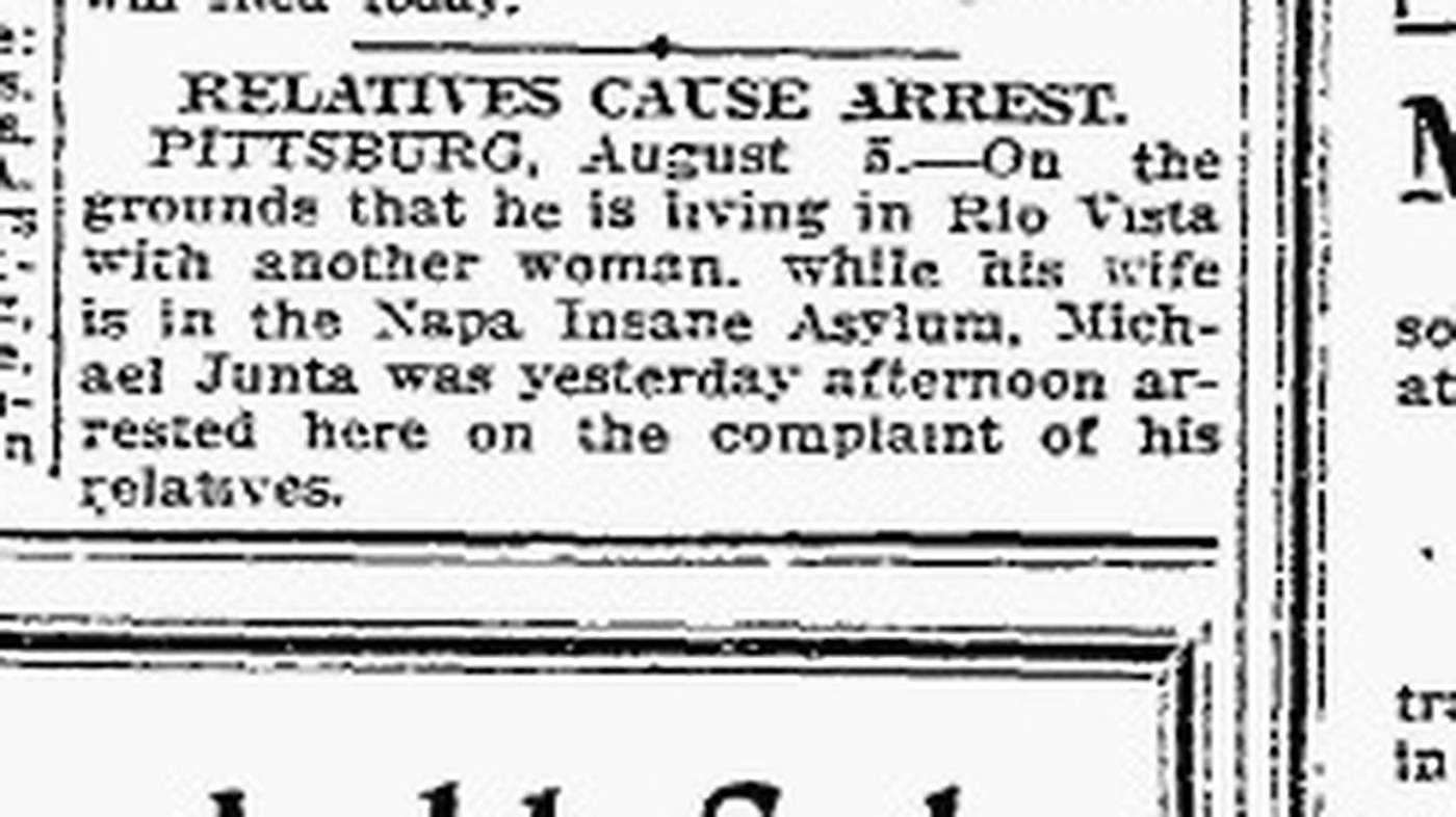 Newspaper item headed Relatives Cause Arrest, reporting the arrest of Michael Junta at Pittsburg