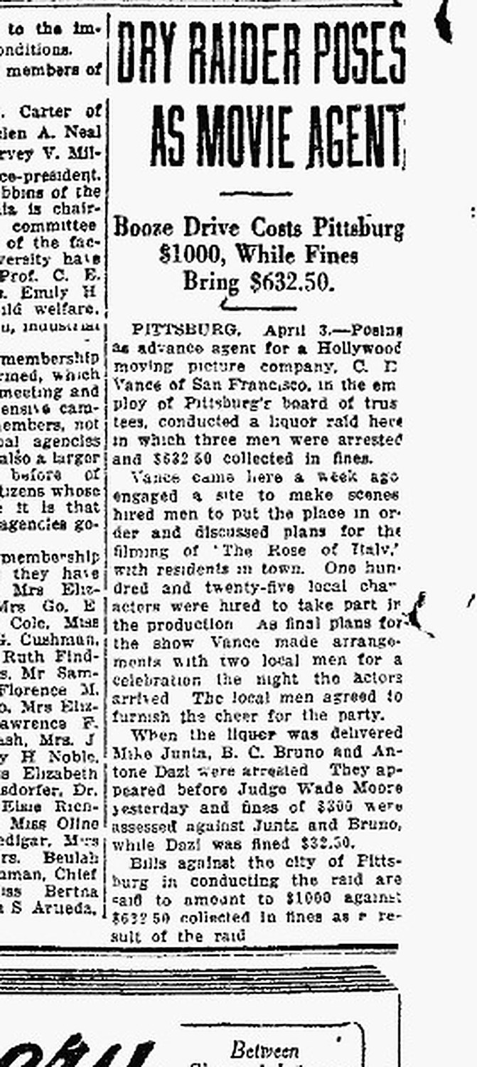 Newspaper article headed Dry Raider Poses as Movie Agent, reporting a liquor raid at Pittsburg