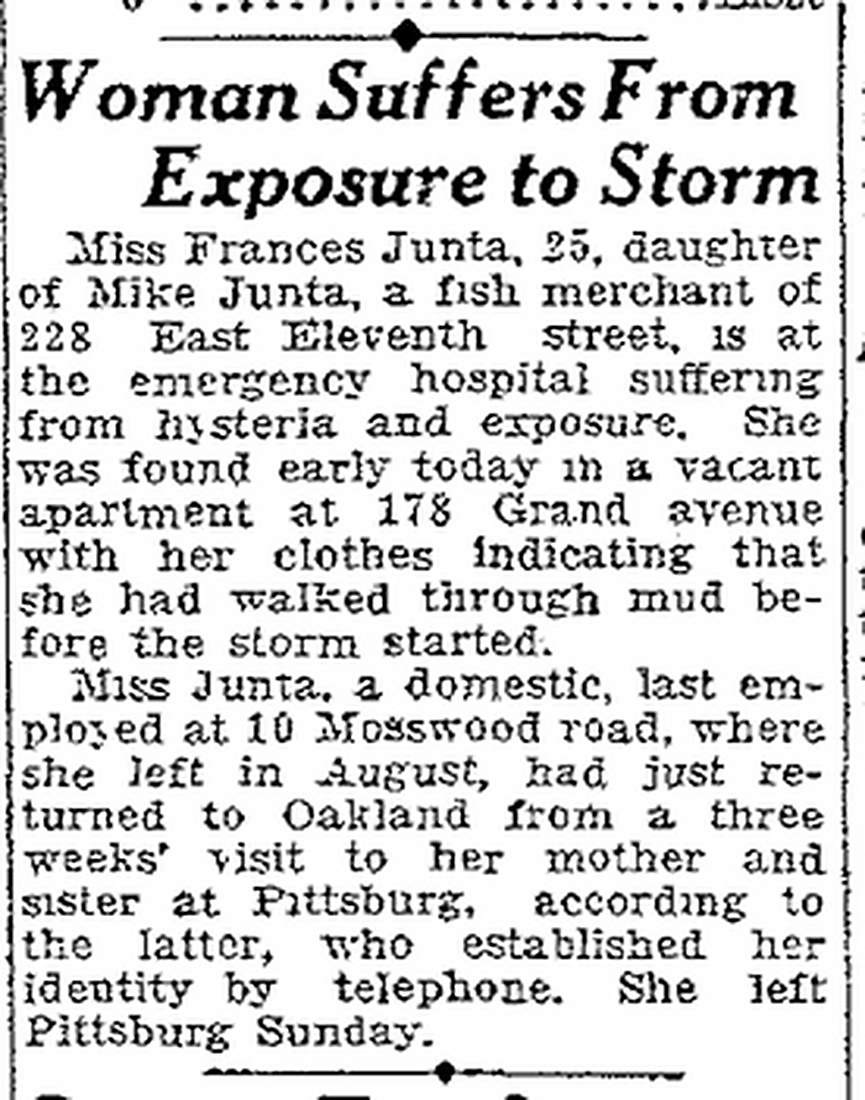 Newspaper clipping headlined Woman Suffers From Exposure to Storm