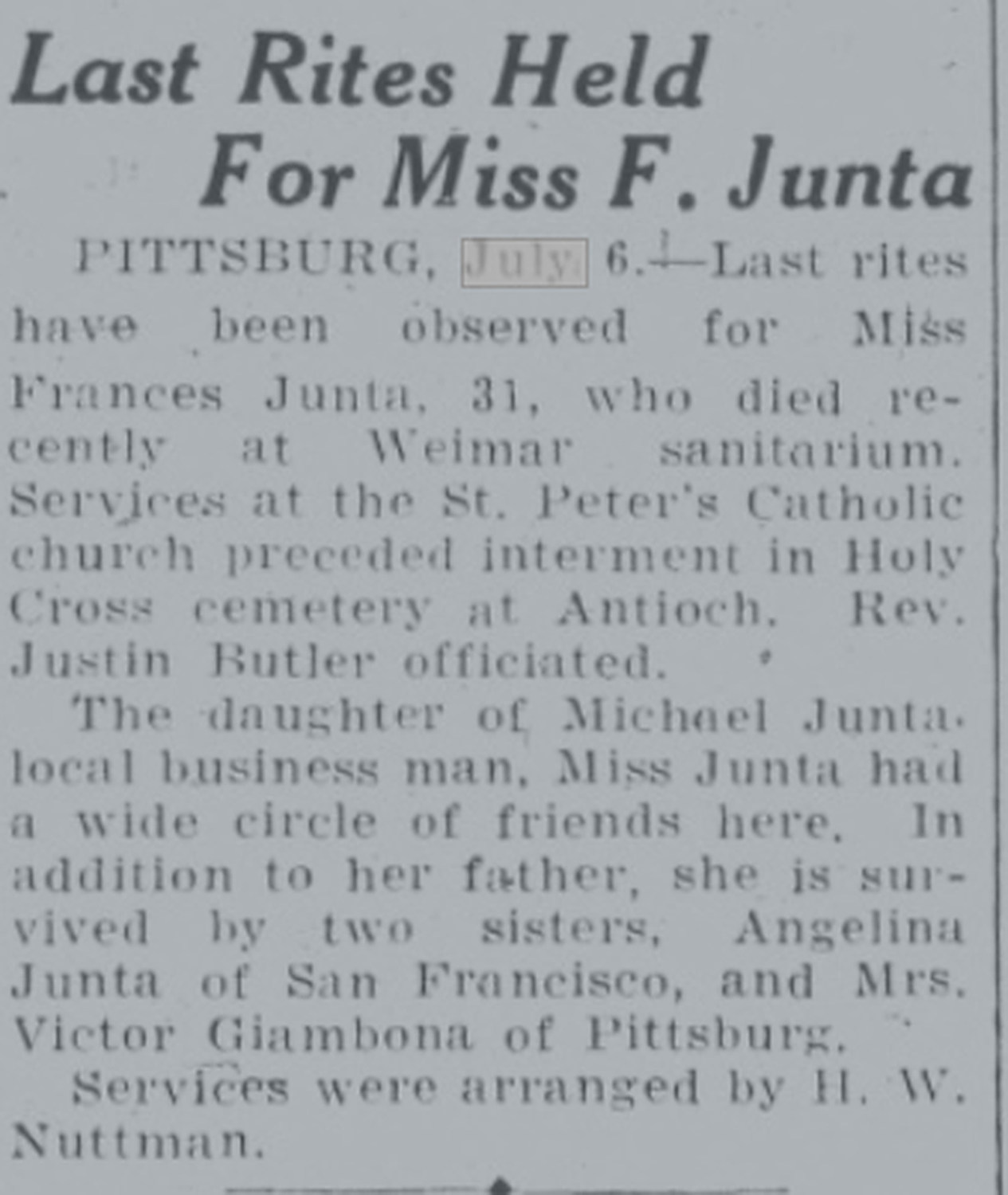 Newspaper obituary headed Last Rites Held For Miss F. Junta