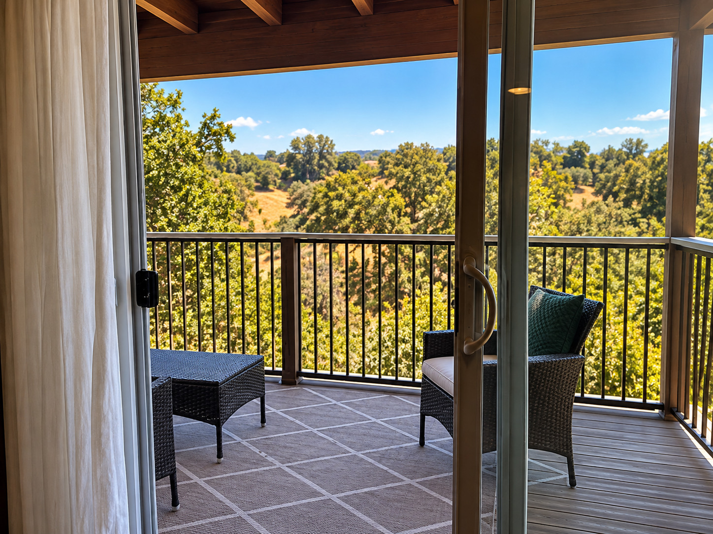 View through the sliding glass doors from my Pleasant Hill home office to the balcony and trees