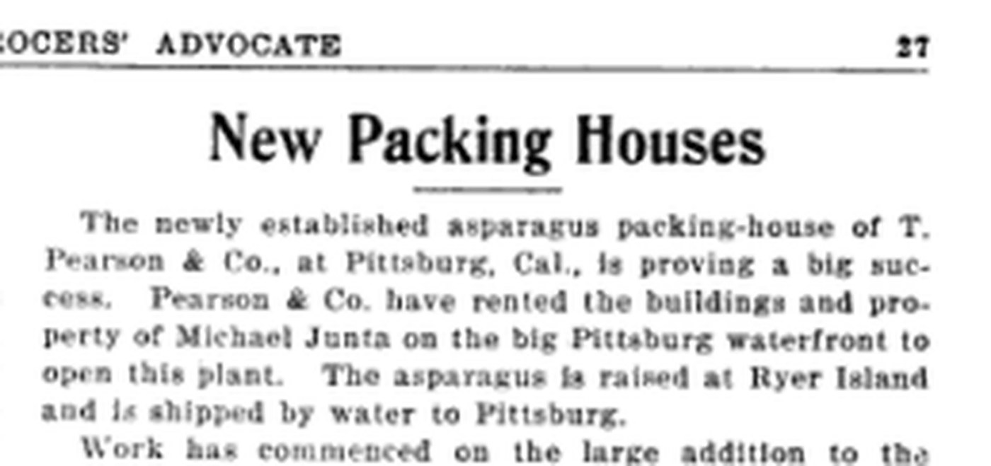 Trade journal column headed New Packing Houses describing an asparagus packing house on property belonging to Michael Junta