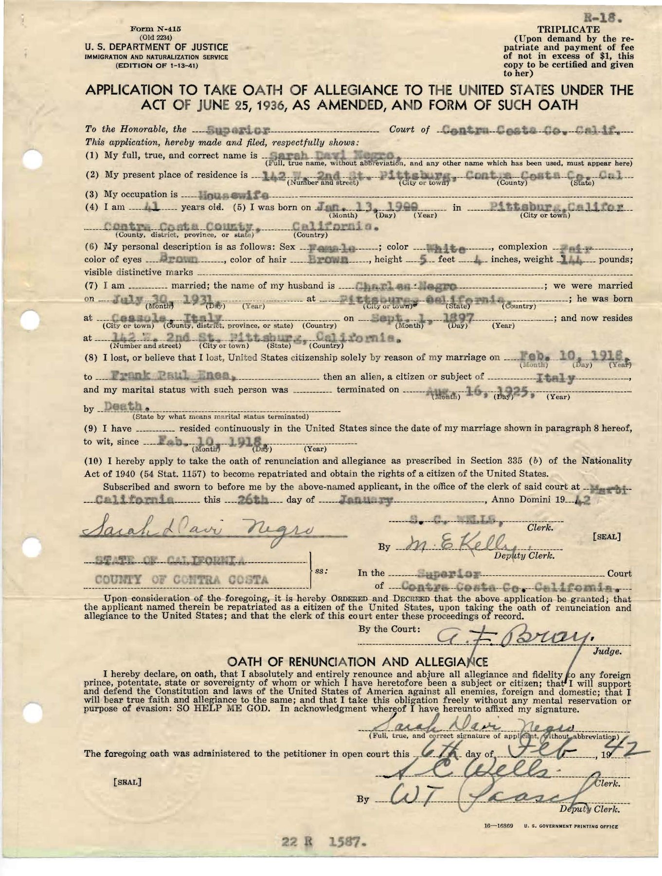 Sarah Davi Negro Application to Take Oath of Allegiance, 1942