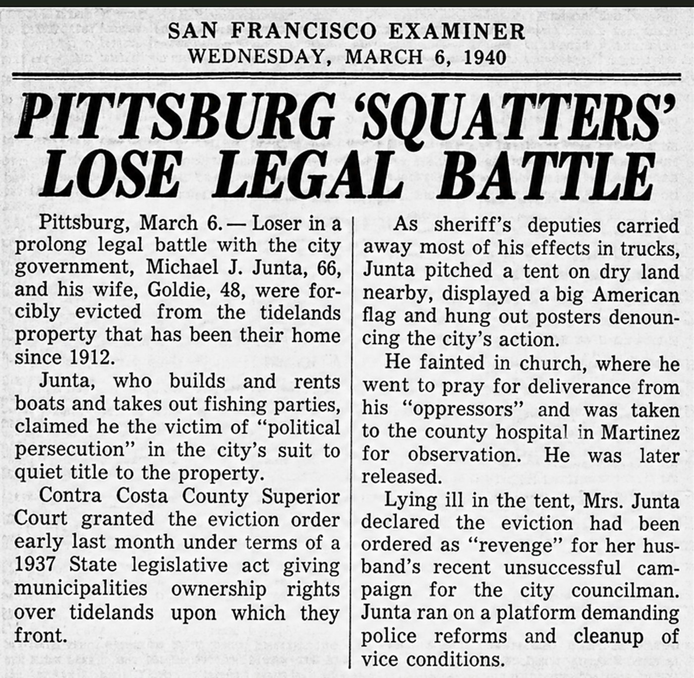 Newspaper clipping headed Pittsburg Squatters Lose Legal Battle