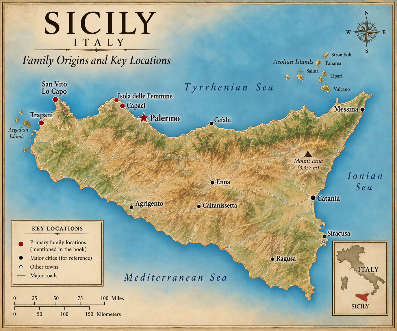 Illustrated map of Sicily showing family origins and key locations